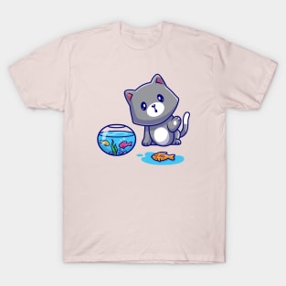 Cute Cat Take Out Fish From Aquarium Cartoon T-Shirt